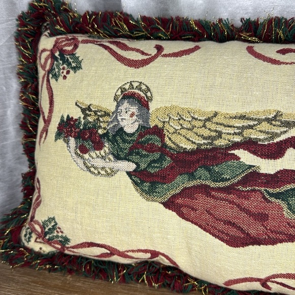 Riverdale Tapestry Christmas Angel with Fringe Throw Pillow Made in USA - Picture 2 of 7
